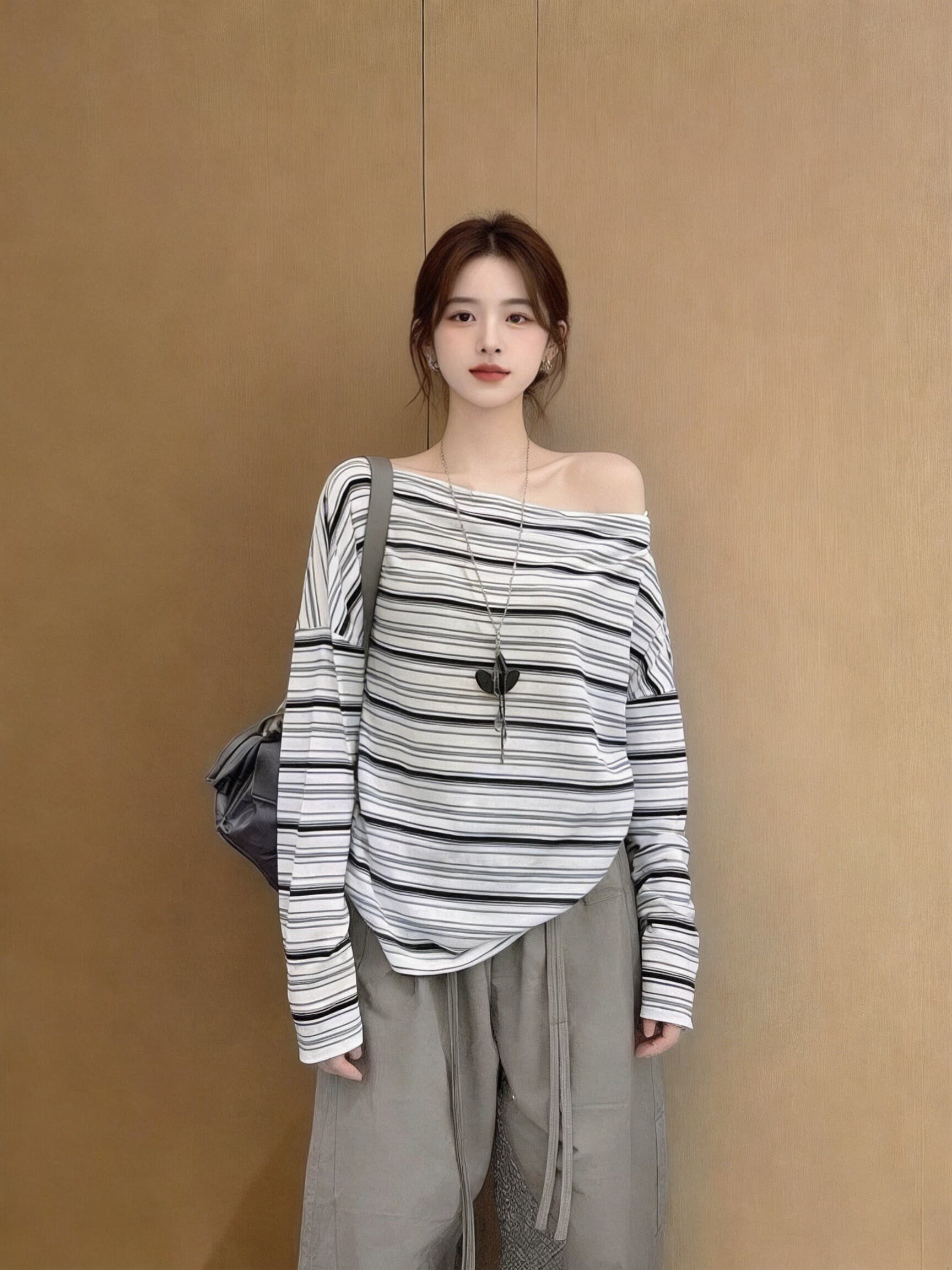 가을 비스듬한 어깨 스트라이프 긴팔 티셔츠 맨위 이미지 3
