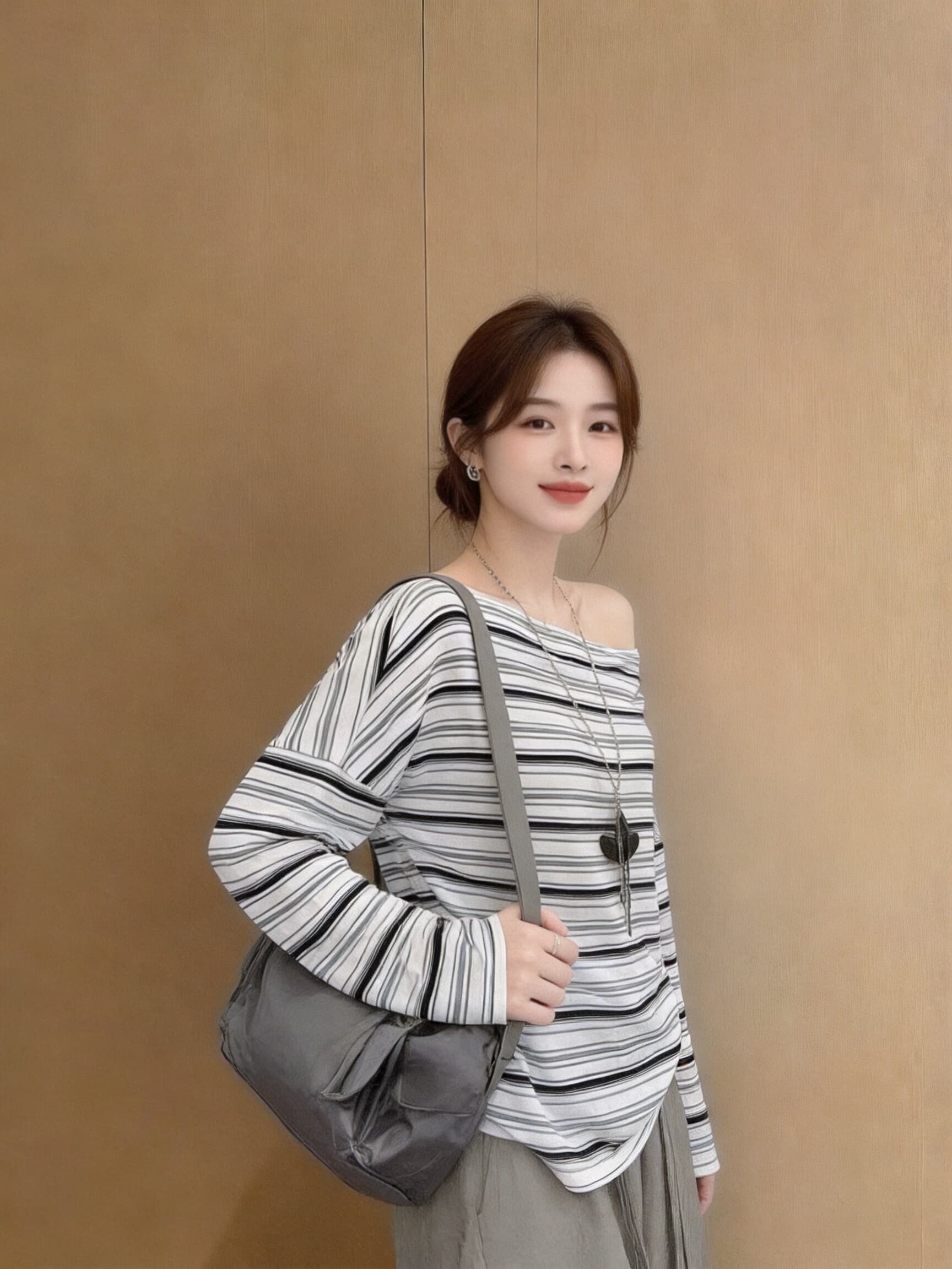 가을 비스듬한 어깨 스트라이프 긴팔 티셔츠 맨위 상세 이미지 8