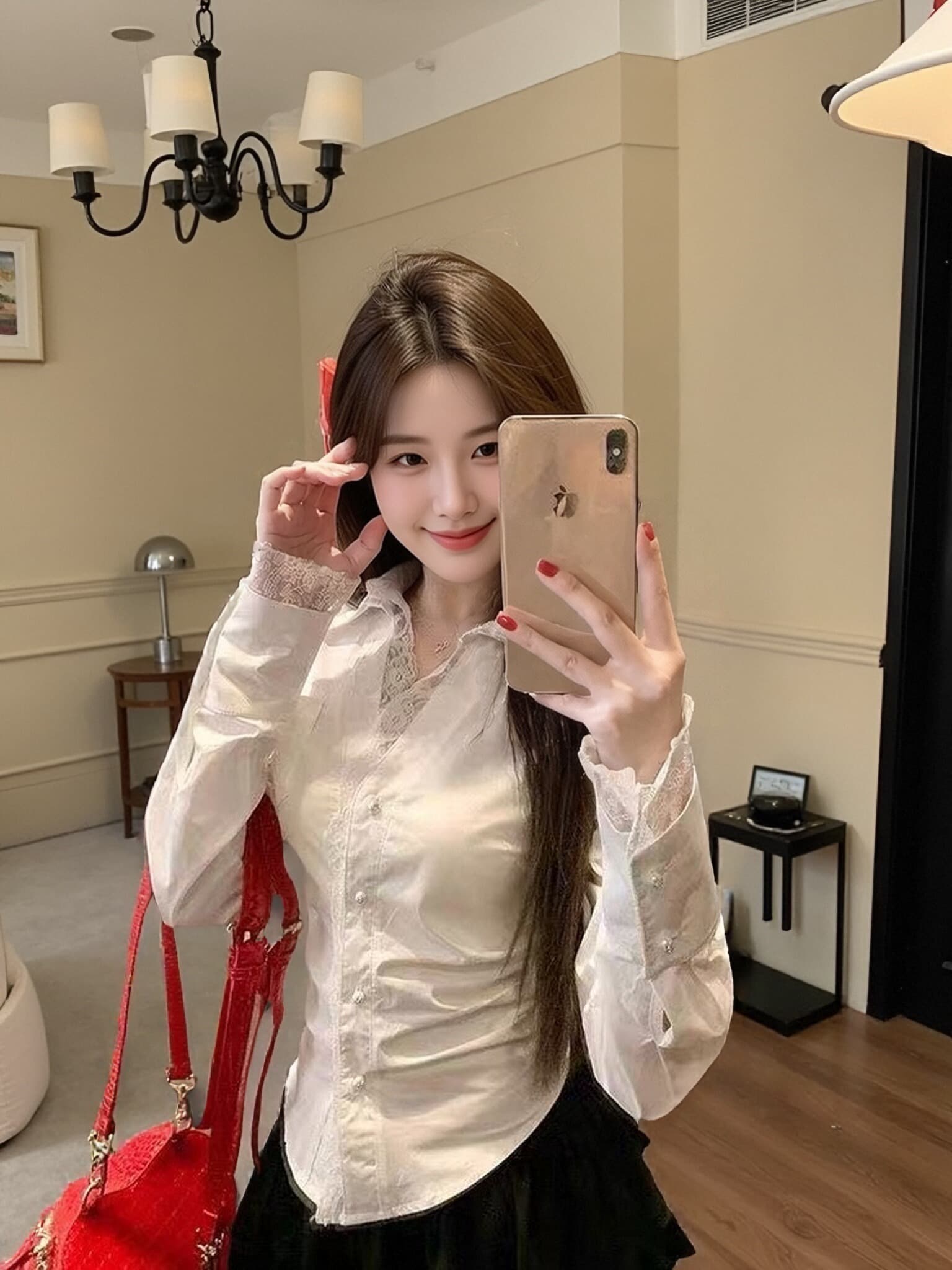 가을 레이스 레이스 허리 수축 맨위 여성 상세 이미지 2