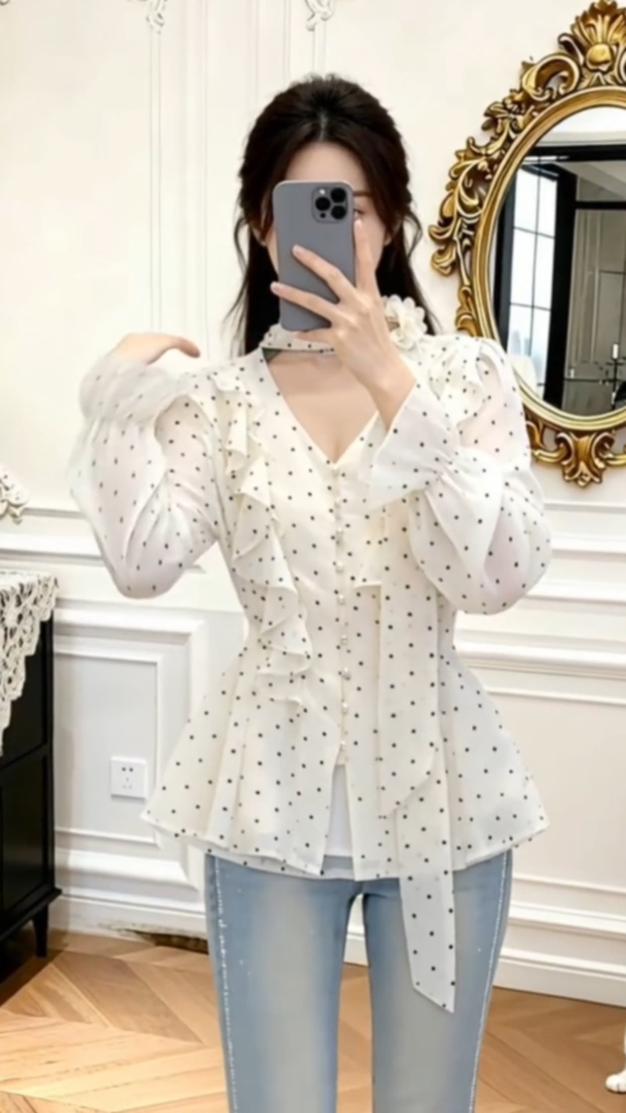 가을 도트 무늬 셔츠 맨위 여성 이미지 2