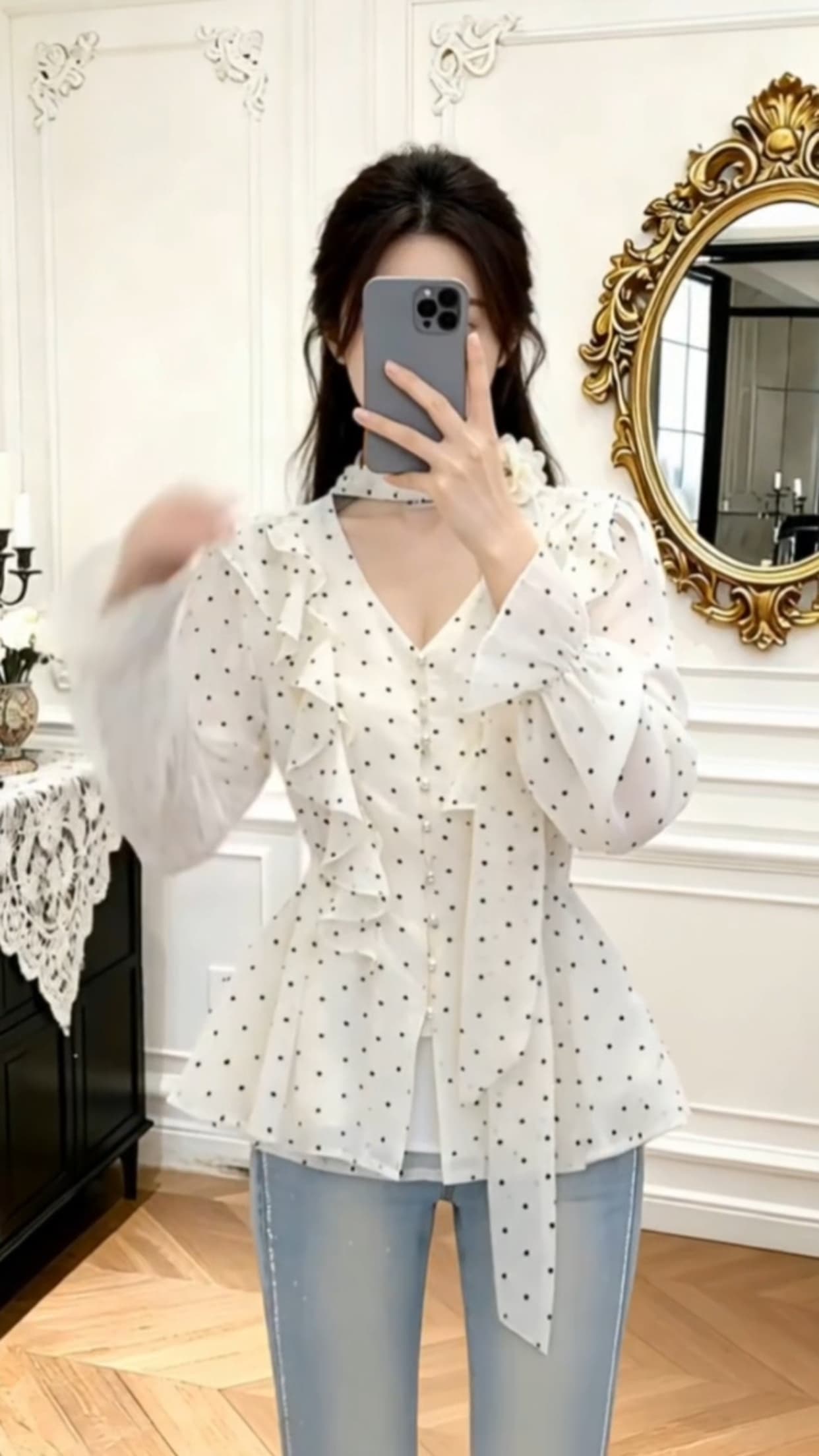 가을 도트 무늬 셔츠 맨위 여성 상세 이미지 7