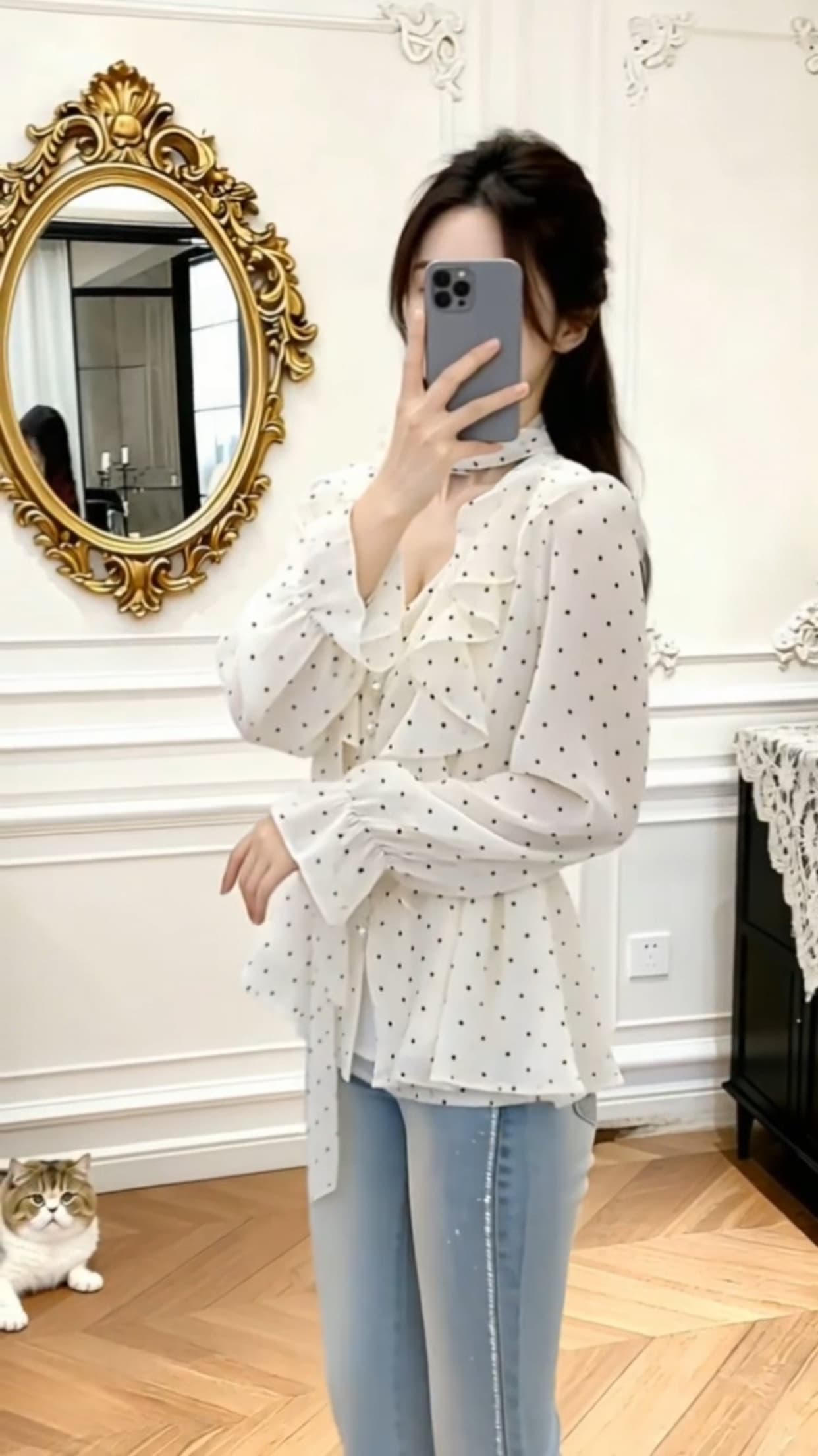 가을 도트 무늬 셔츠 맨위 여성 상세 이미지 13