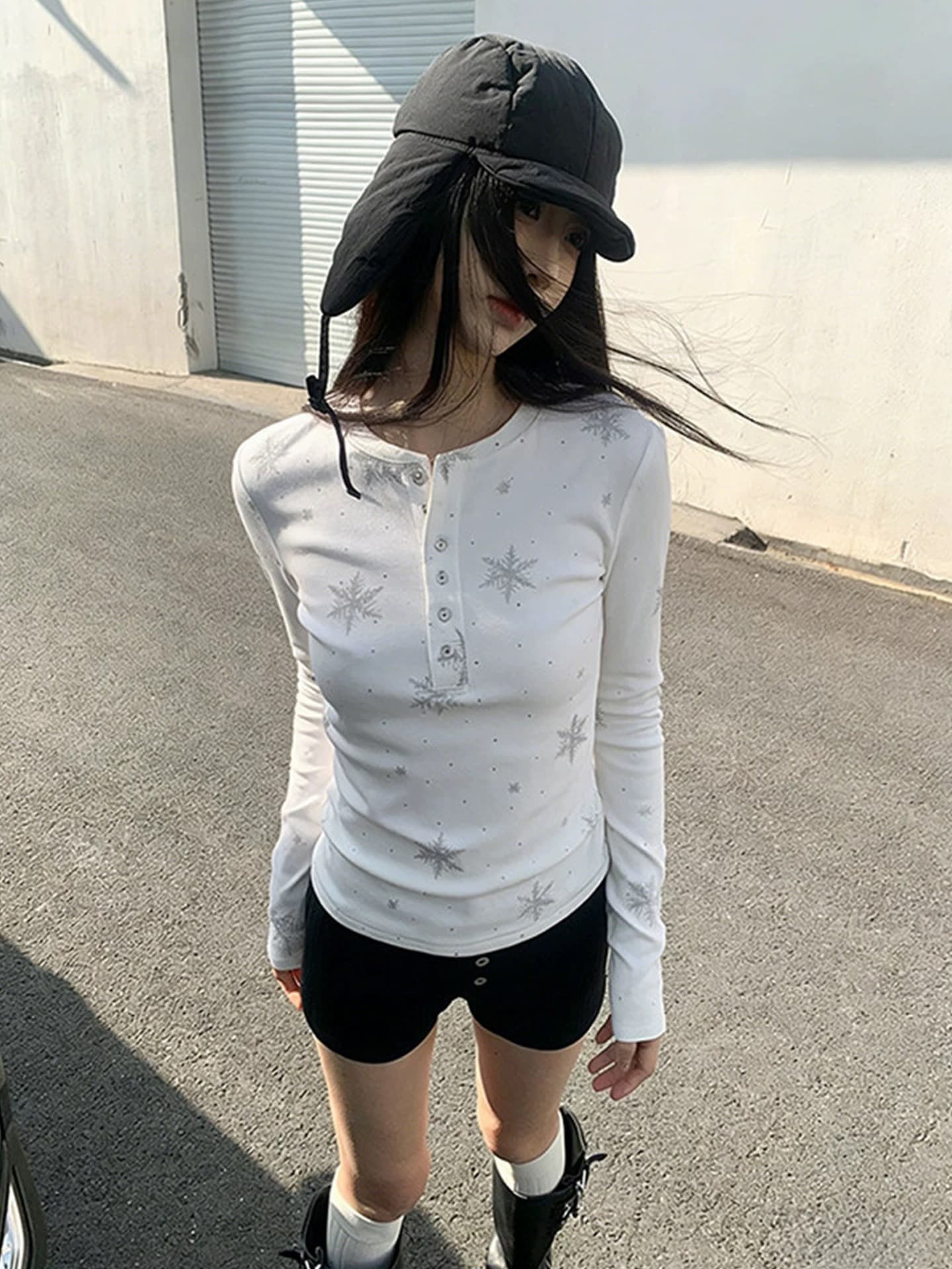 가을 아메리칸 화이트 헨리 칼라 긍정적 인 어깨 의류 상세 이미지 3