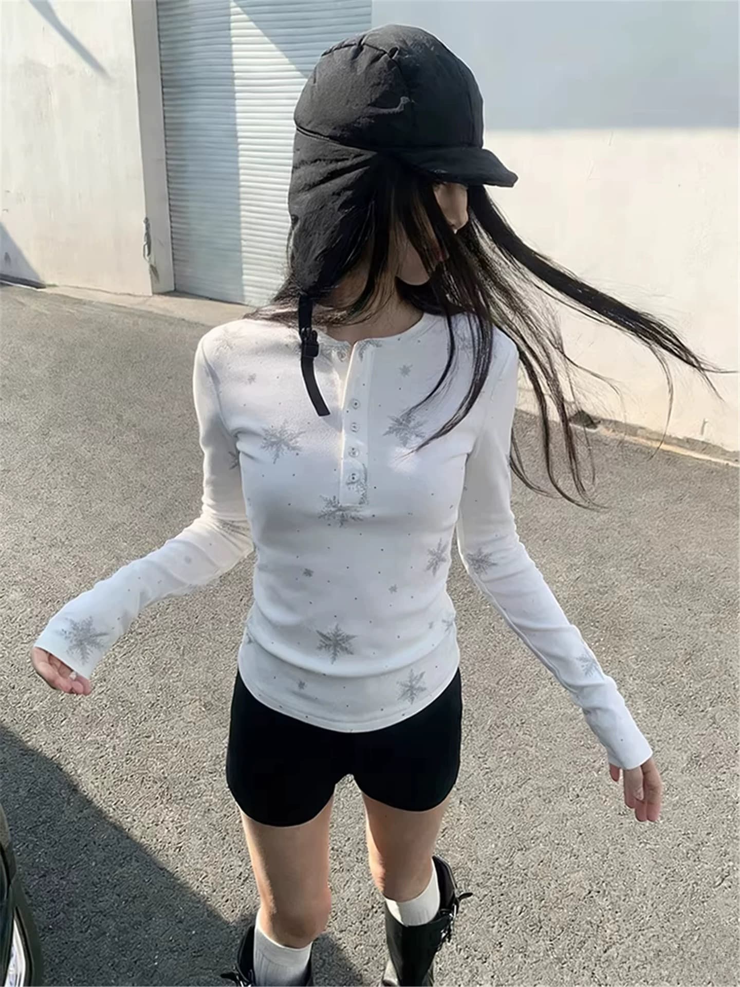 가을 아메리칸 화이트 헨리 칼라 긍정적 인 어깨 의류 상세 이미지 5