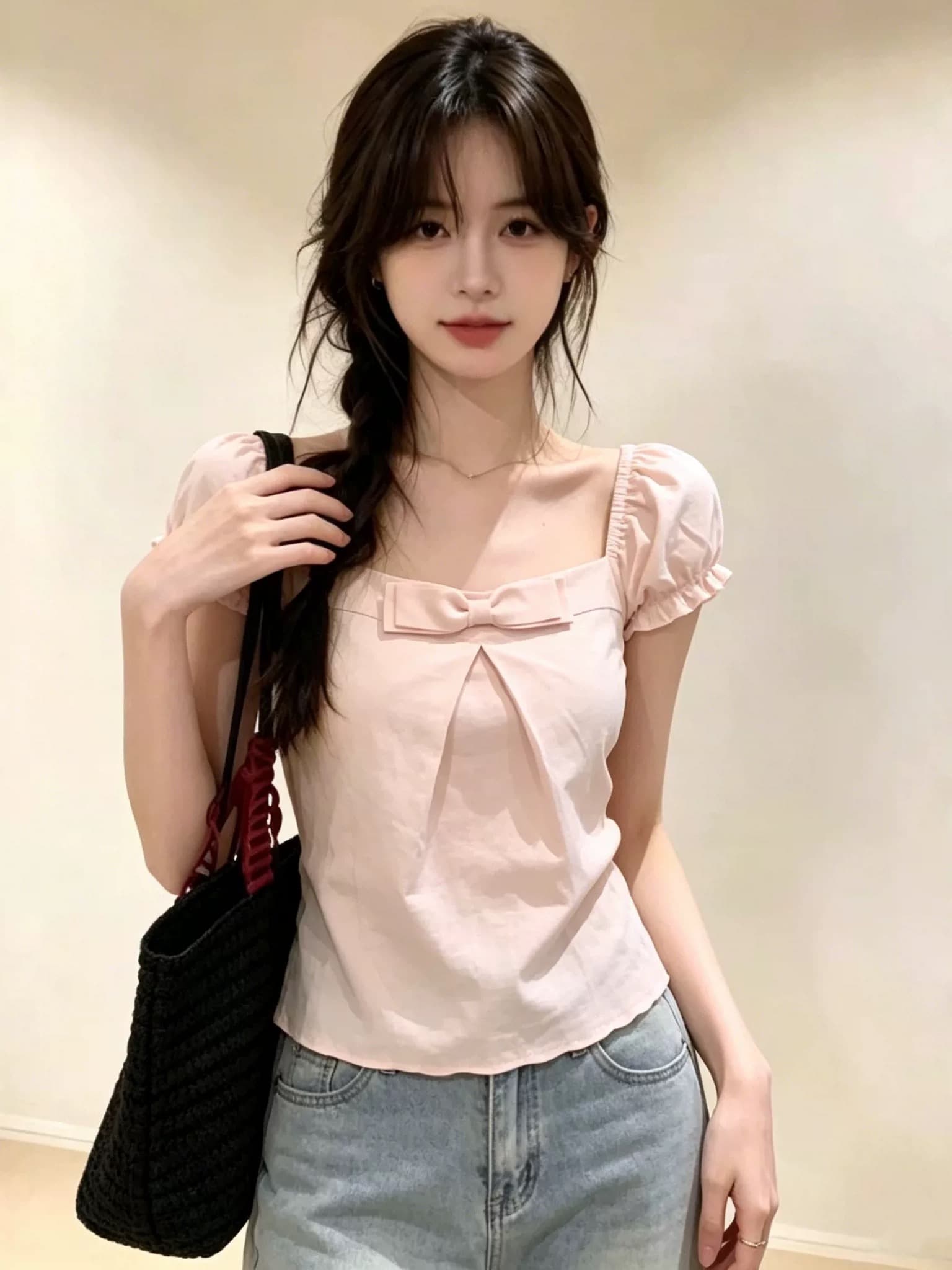 부드러운 핑크색 나비 매듭 광장 칼라 맨위 이미지 2