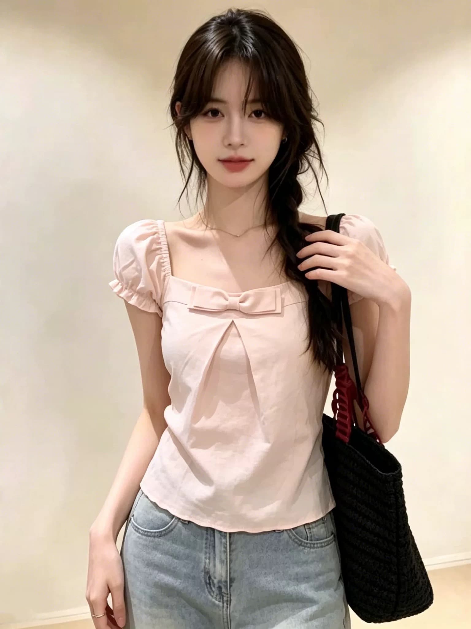 부드러운 핑크색 나비 매듭 광장 칼라 맨위 이미지 4