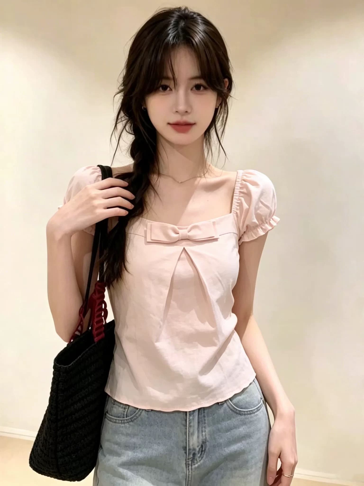 부드러운 핑크색 나비 매듭 광장 칼라 맨위 이미지 5