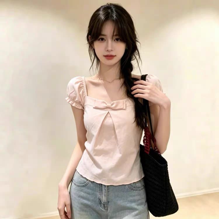 부드러운 핑크색 나비 매듭 광장 칼라 맨위 상세 이미지 2
