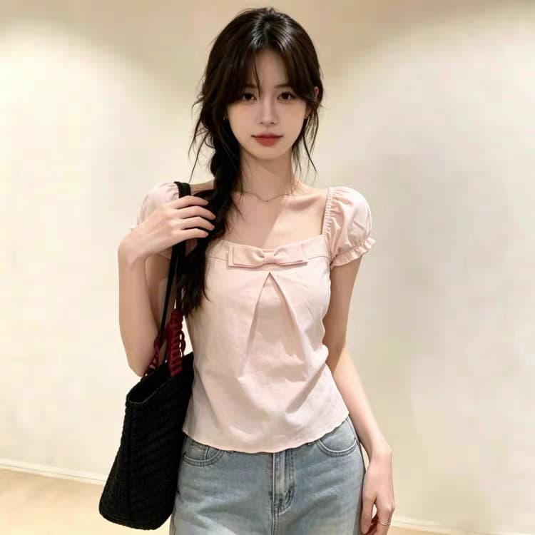 부드러운 핑크색 나비 매듭 광장 칼라 맨위 상세 이미지 5