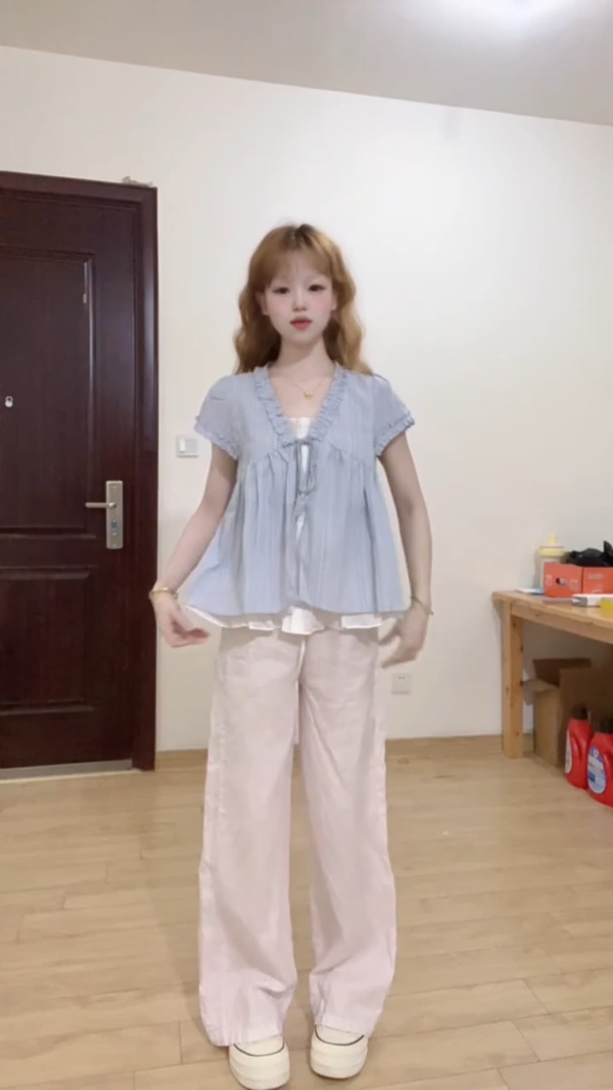 블루 스트라이프 페이크 레이어드 셔츠 상세 이미지 4