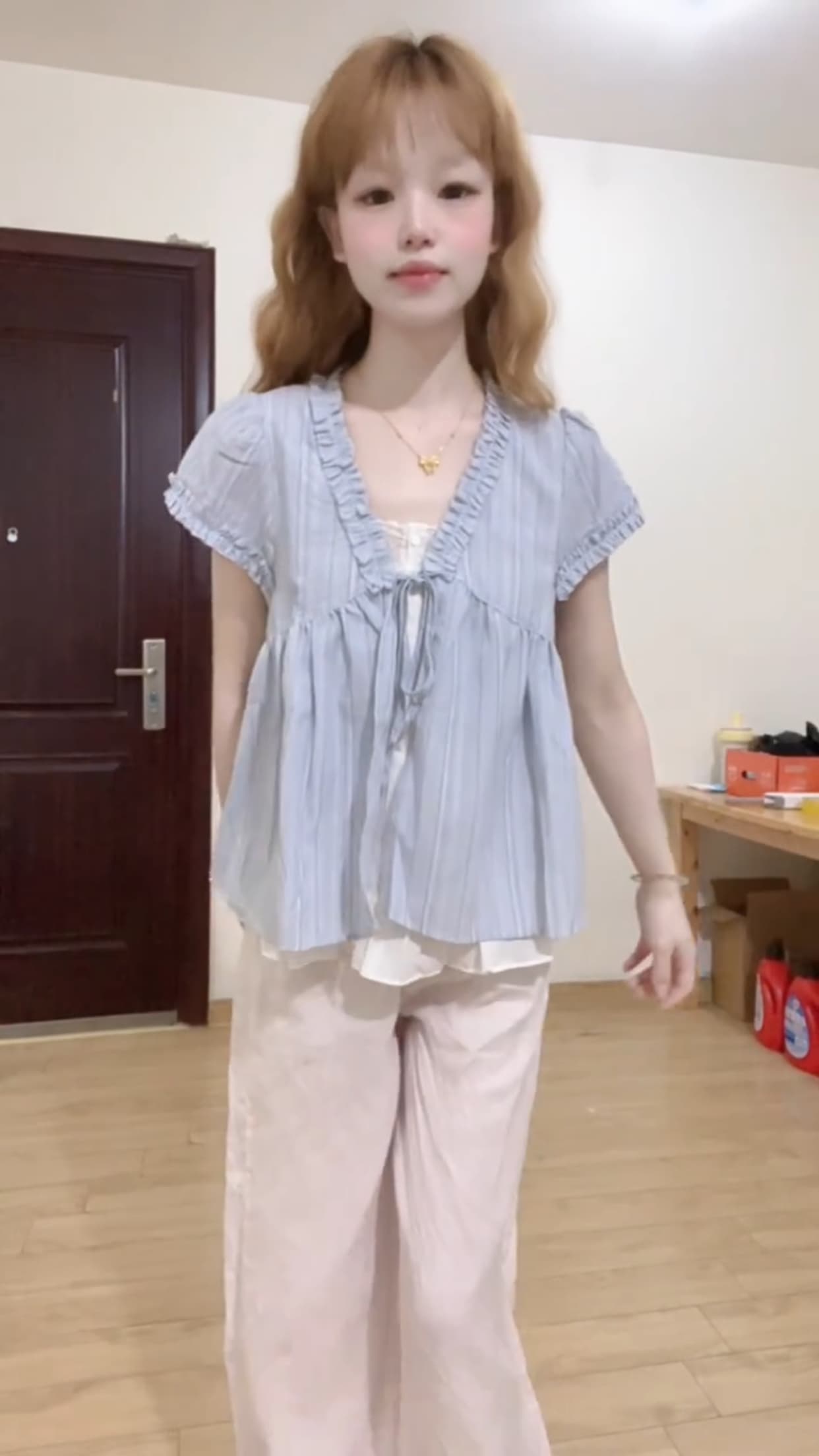 블루 스트라이프 페이크 레이어드 셔츠 상세 이미지 5