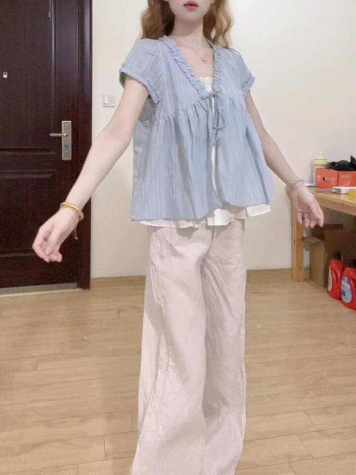 블루 스트라이프 페이크 레이어드 셔츠 상세 이미지 13