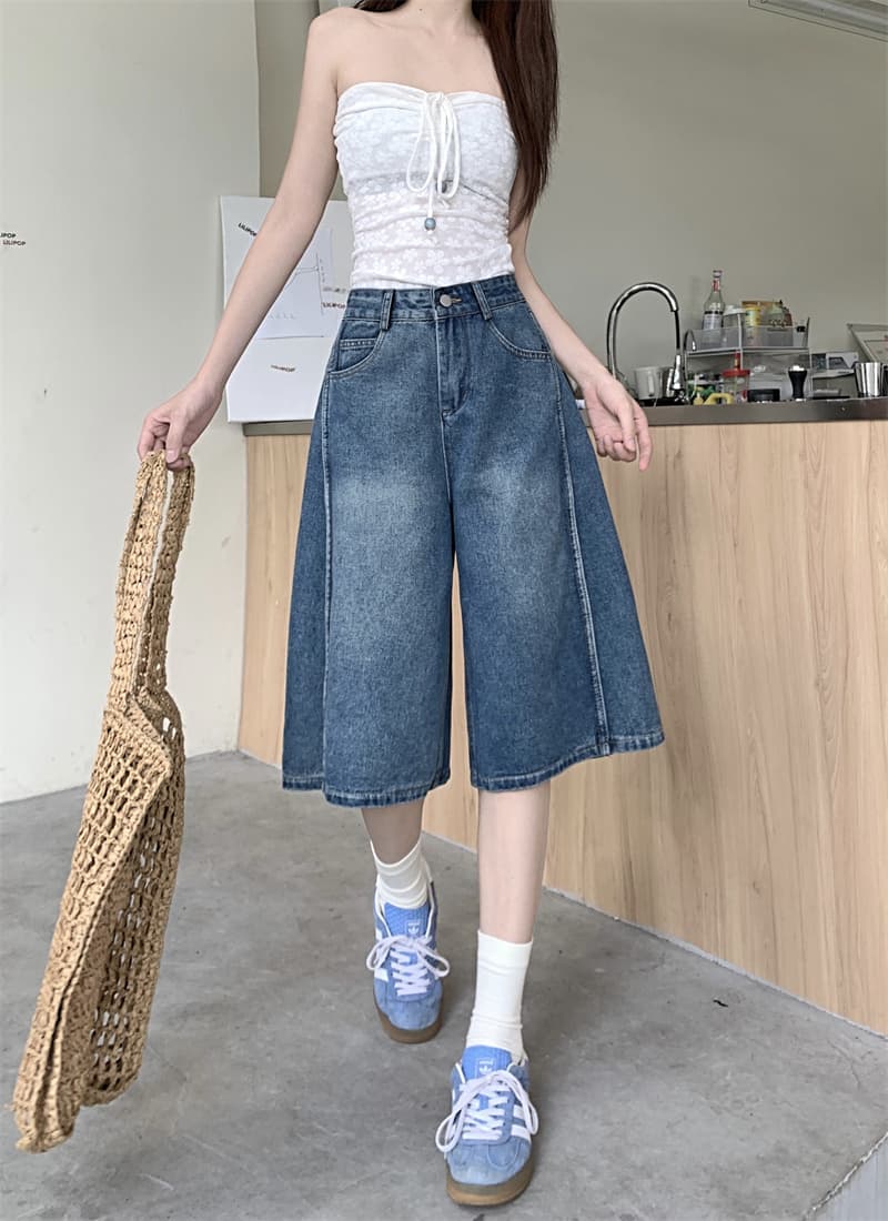 2026 새로운 넓은 다리 데님 7부 바지 여성 빅 사이즈 지방 mm 여름 얇은 스타일 작은 키 슬림해 보이는 8 점 바지 상세 이미지 3