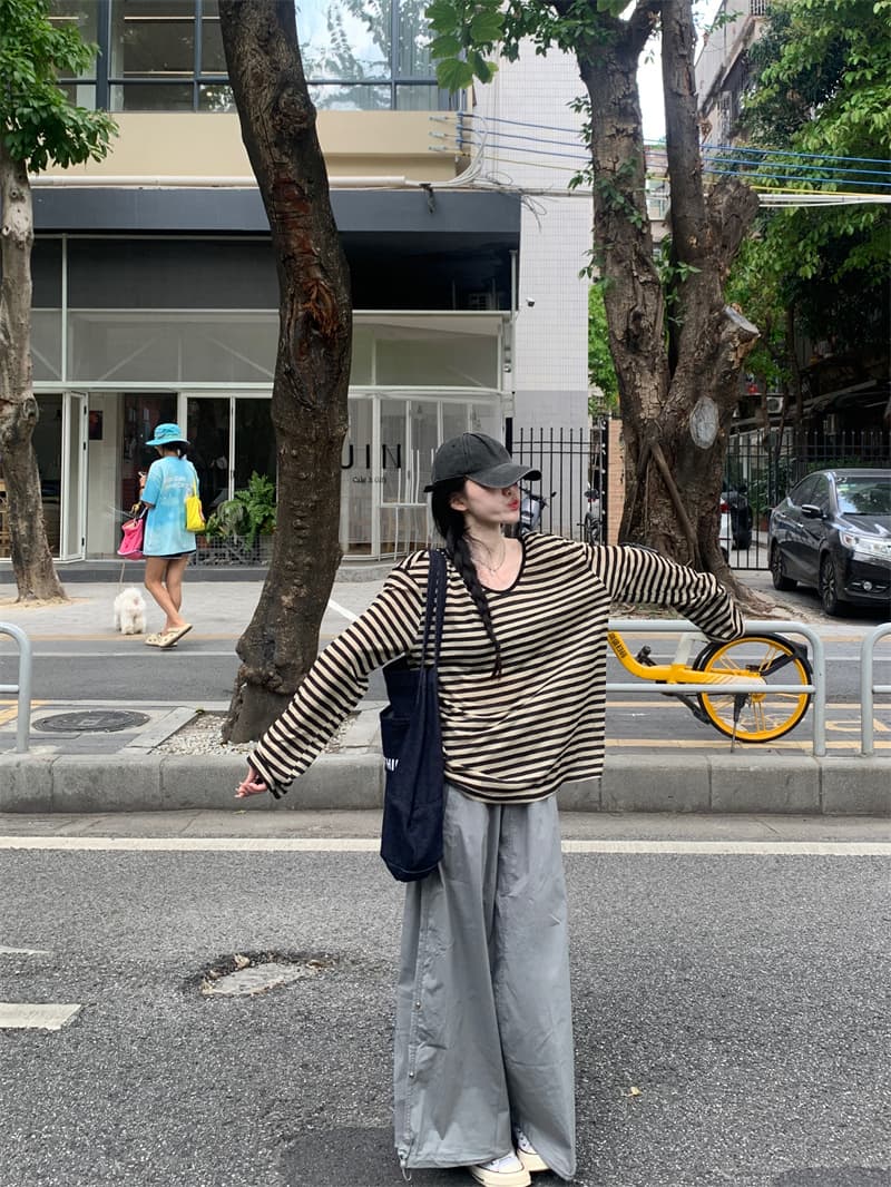 실사 정가 디자인 센스 스트라이프 루즈핏 느긋한 다용도 긴팔 자외선 차단 티셔츠 맨위 이미지 3