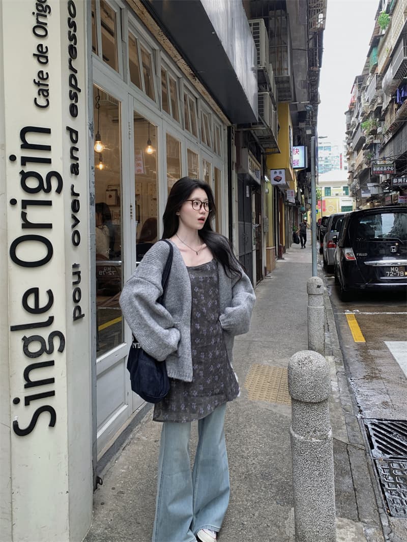 실사 정가 디자인 센스 꽃무늬 슬립 드레스 외부 가져 가라. 부드러운 찹쌀 회색 스웨터 세트 상세 이미지 3