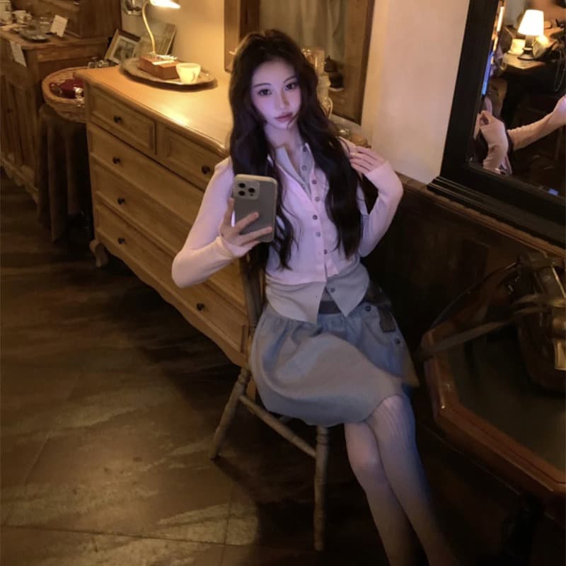실사 정가 디자인 센스 아메리칸 패치워크 페이크 레이어드 니트 맨위 체크무늬 레이스업 반신 치마 세트 이미지 5