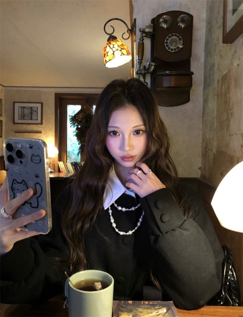 실사 정가 디자인 센스 벌룬 소매 검정색 모직 블레이저 허리 수축 슬림해 보이는 품격 맨위 상세 이미지 5