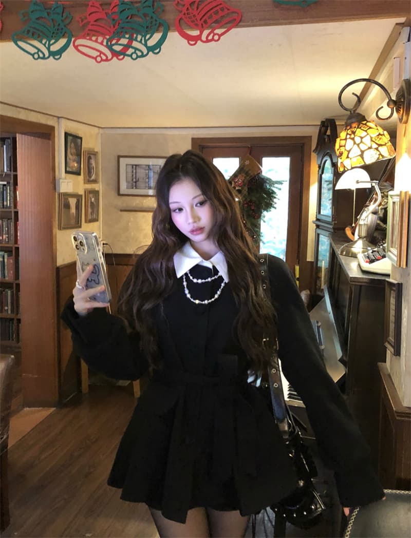실사 정가 디자인 센스 벌룬 소매 검정색 모직 블레이저 허리 수축 슬림해 보이는 품격 맨위 상세 이미지 6