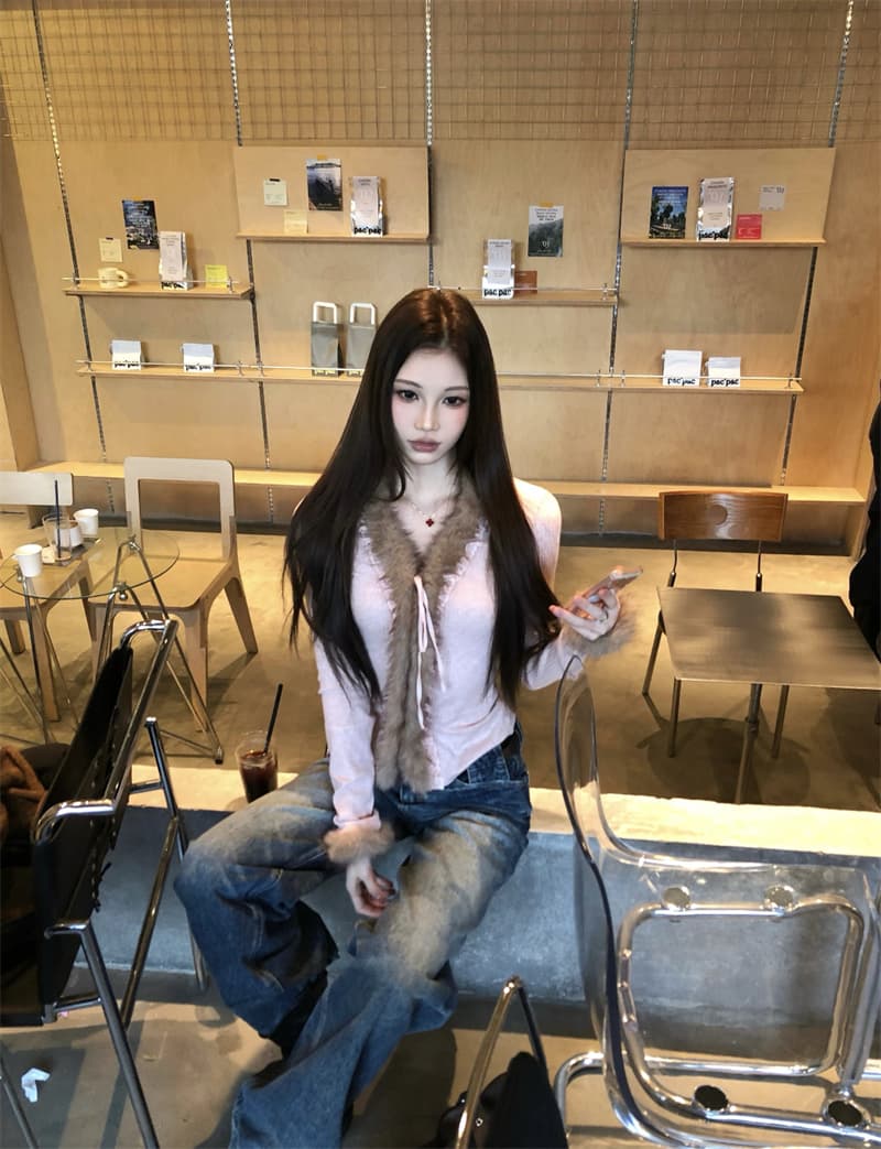 실사 정가 디자인 센스 V넥 패치워크 모피 배색 니트 오픈 가디건 몸매 가꾸기 맨위 이미지 3