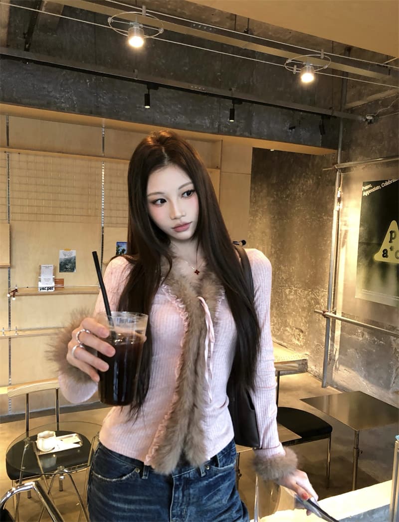 실사 정가 디자인 센스 V넥 패치워크 모피 배색 니트 오픈 가디건 몸매 가꾸기 맨위 상세 이미지 5