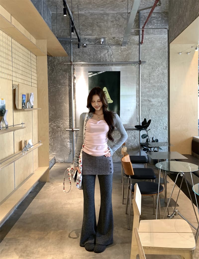 실사 정가 디자인 센스 프랑스식 흔들다 칼라 배색 페이크 레이어드 티셔츠 랩스커트팬츠 페이크 레이어드 긴 바지 투피스 세트 이미지 3