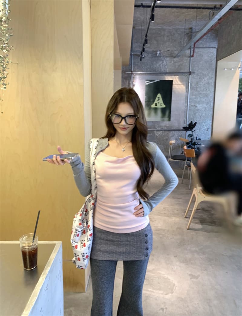 실사 정가 디자인 센스 프랑스식 흔들다 칼라 배색 페이크 레이어드 티셔츠 랩스커트팬츠 페이크 레이어드 긴 바지 투피스 세트 상세 이미지 6