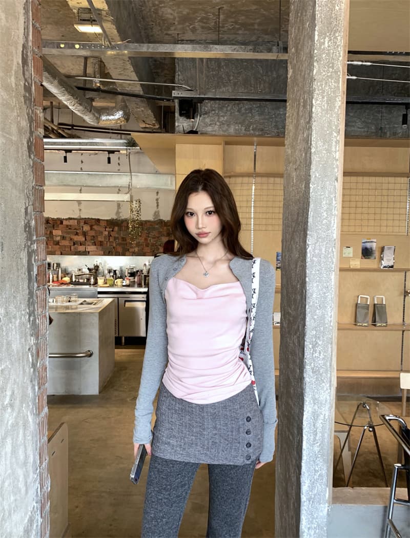 실사 정가 디자인 센스 프랑스식 흔들다 칼라 배색 페이크 레이어드 티셔츠 랩스커트팬츠 페이크 레이어드 긴 바지 투피스 세트 상세 이미지 8