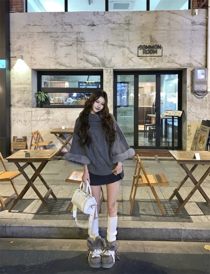 실사 정가 디자인 센스 모피 패치워크 보트넥 망토 스웨터 둘 착용 루즈핏 재킷 이미지 3