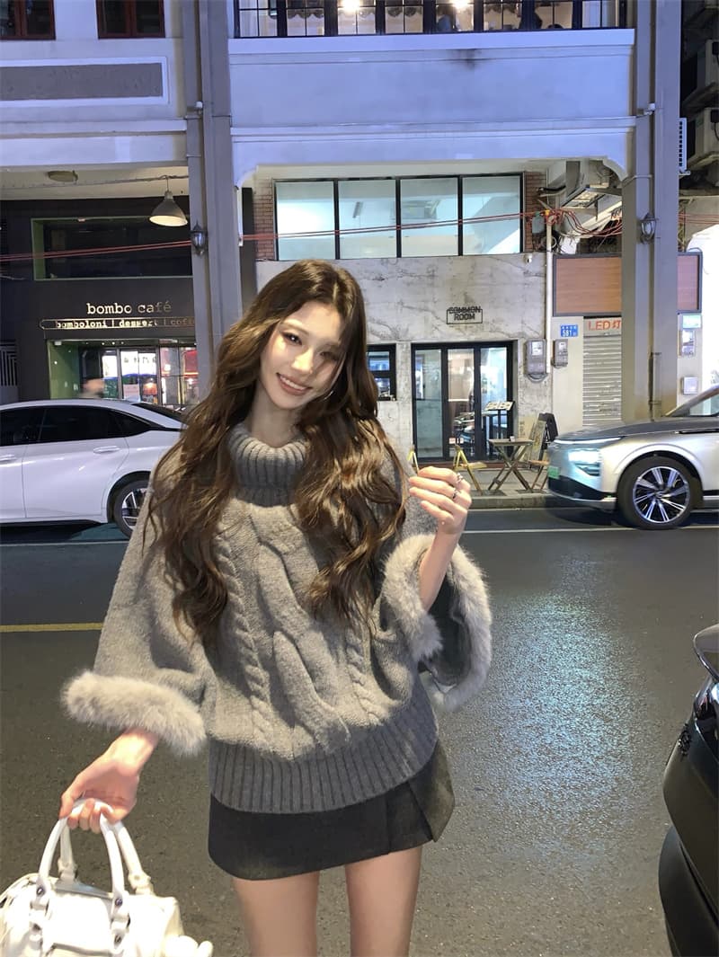 실사 정가 디자인 센스 모피 패치워크 보트넥 망토 스웨터 둘 착용 루즈핏 재킷 상세 이미지 2