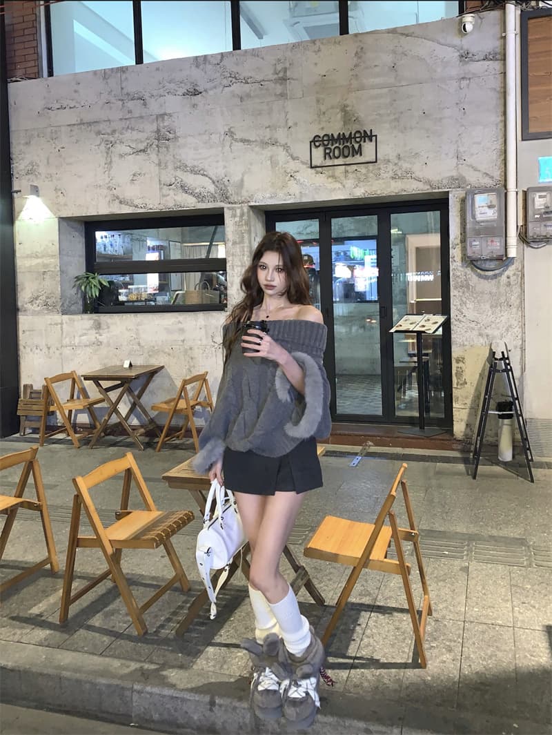 실사 정가 디자인 센스 모피 패치워크 보트넥 망토 스웨터 둘 착용 루즈핏 재킷 상세 이미지 5