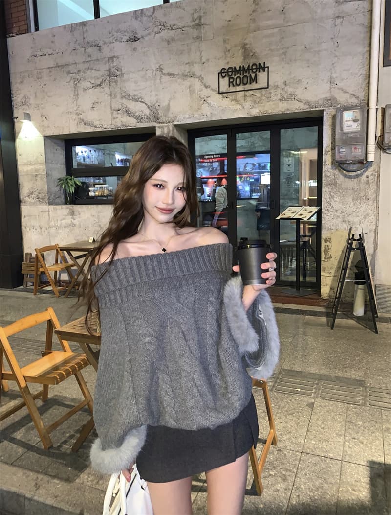 실사 정가 디자인 센스 모피 패치워크 보트넥 망토 스웨터 둘 착용 루즈핏 재킷 상세 이미지 6