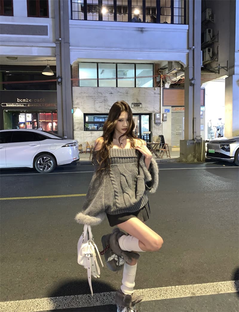 실사 정가 디자인 센스 모피 패치워크 보트넥 망토 스웨터 둘 착용 루즈핏 재킷 상세 이미지 7
