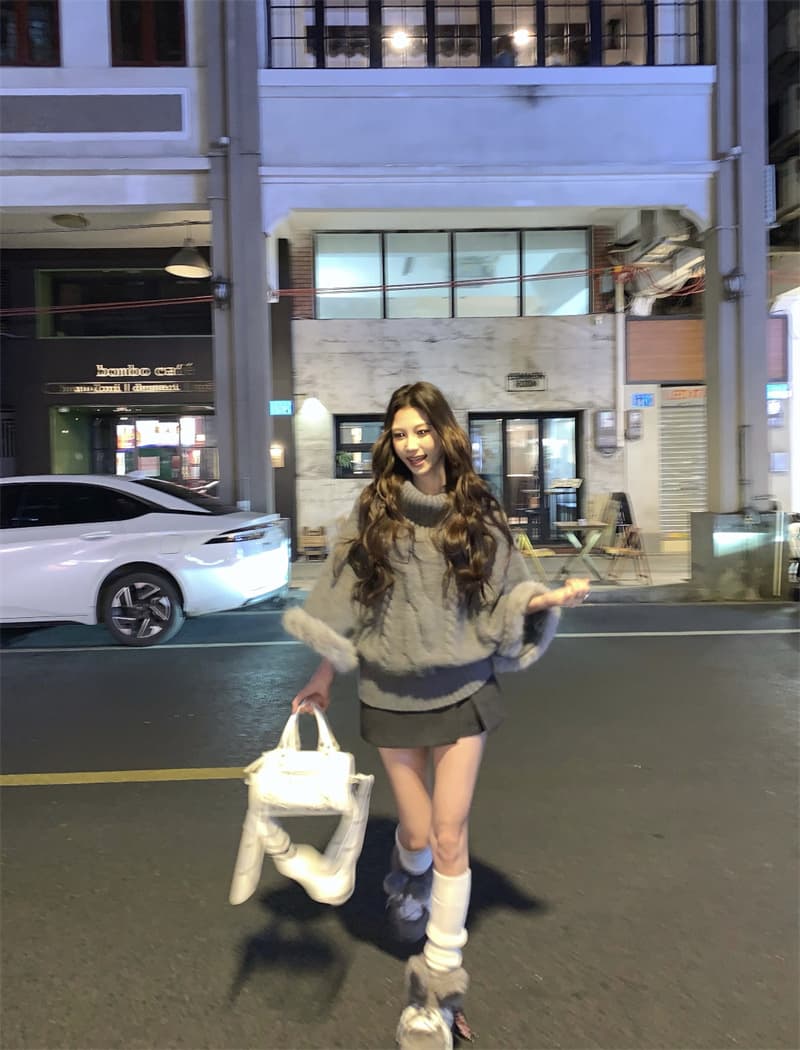 실사 정가 디자인 센스 모피 패치워크 보트넥 망토 스웨터 둘 착용 루즈핏 재킷 상세 이미지 8