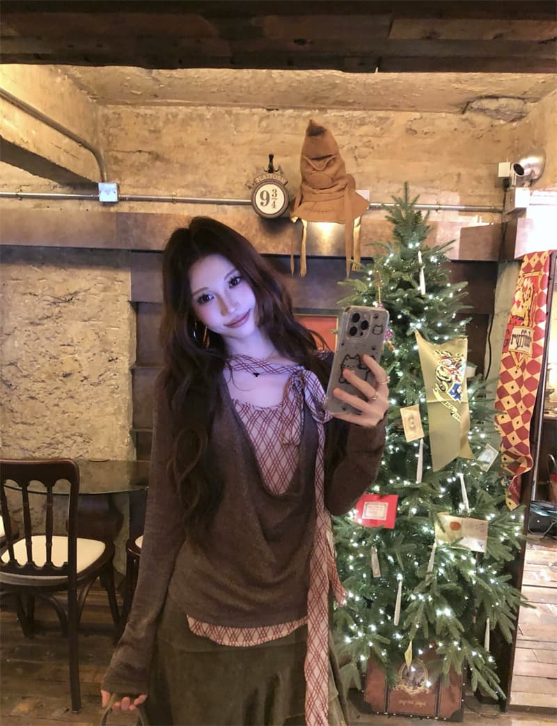 실사 정가 디자인 센스 나비 넥타이 패치워크 체크무늬 흔들다 칼라 티셔츠 하이웨이스트 슬림해 보이는 불규칙 반신 스커트 이미지 3