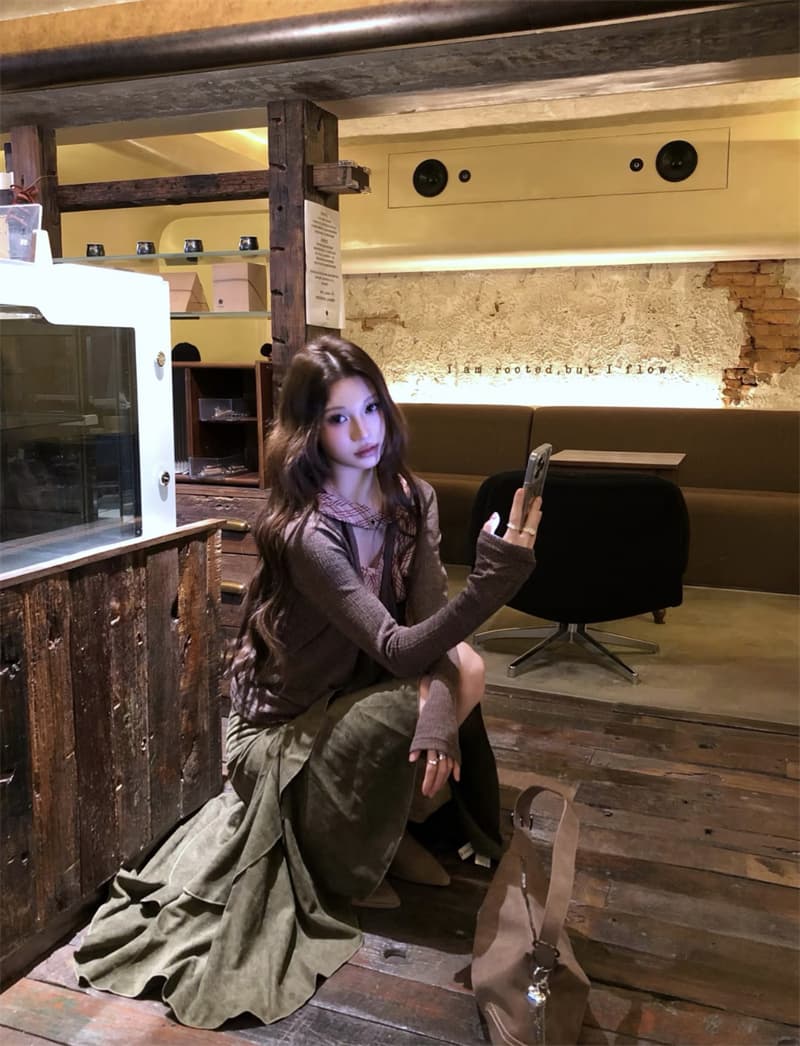 실사 정가 디자인 센스 나비 넥타이 패치워크 체크무늬 흔들다 칼라 티셔츠 하이웨이스트 슬림해 보이는 불규칙 반신 스커트 상세 이미지 1