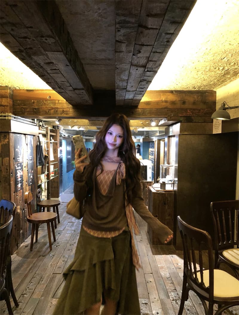 실사 정가 디자인 센스 나비 넥타이 패치워크 체크무늬 흔들다 칼라 티셔츠 하이웨이스트 슬림해 보이는 불규칙 반신 스커트 상세 이미지 6