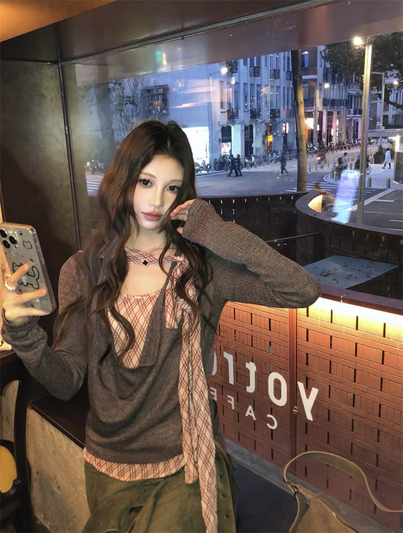 실사 정가 디자인 센스 나비 넥타이 패치워크 체크무늬 흔들다 칼라 티셔츠 하이웨이스트 슬림해 보이는 불규칙 반신 스커트 상세 이미지 8