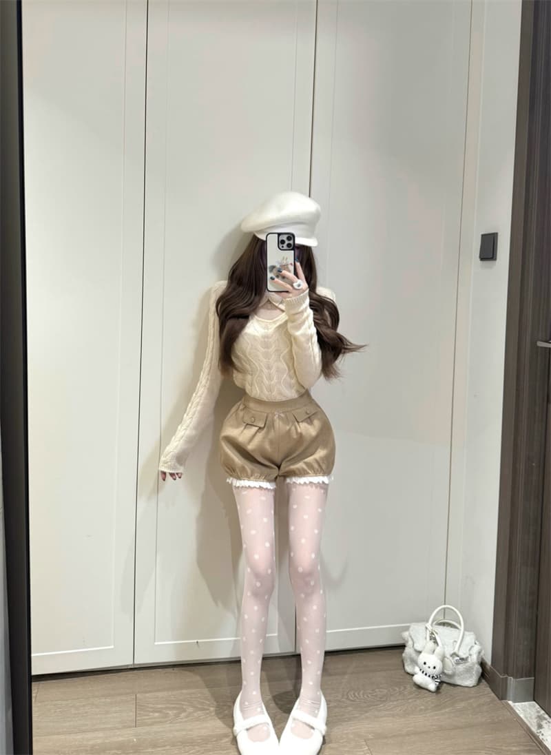 실사 정가 디자인 센스 나비 매듭 녹아웃 꽈배기 긴팔 니트 스웨터 맨위 랜턴 레이스 반바지 상세 이미지 6