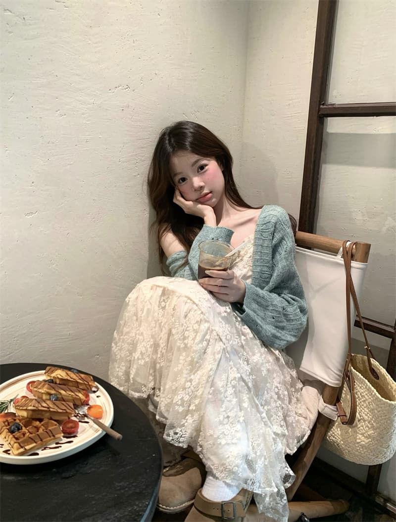 실사 정가 디자인 센스 레이스 케이크 여러 단계 슬립 드레스 녹색 스웨터 오픈 가디건 세트
