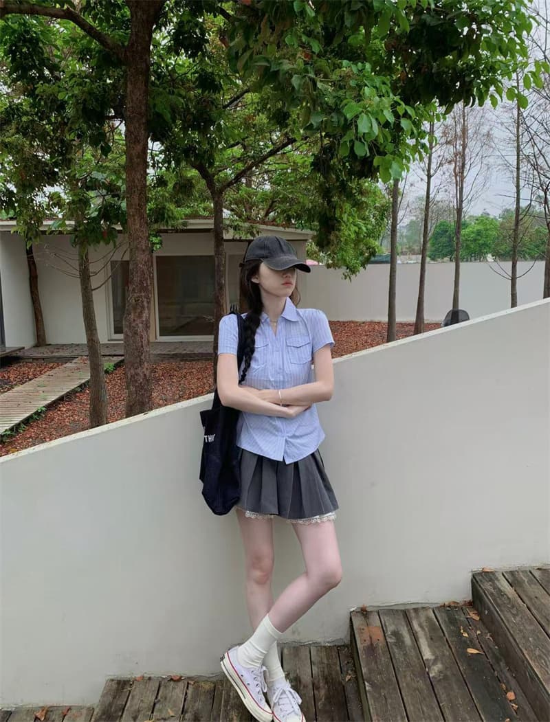 실사 정가 디자인 센스 스트라이프 몸매 가꾸기 쇼트 스타일 다용도 셔츠 이미지 4
