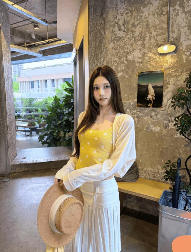 실사 정가 디자인 센스 도트 무늬 캐미솔 쇼트 스타일 자외선 차단 숄 오픈 가디건 플리츠 한 마디 반신 미니 스커트 상세 이미지 4