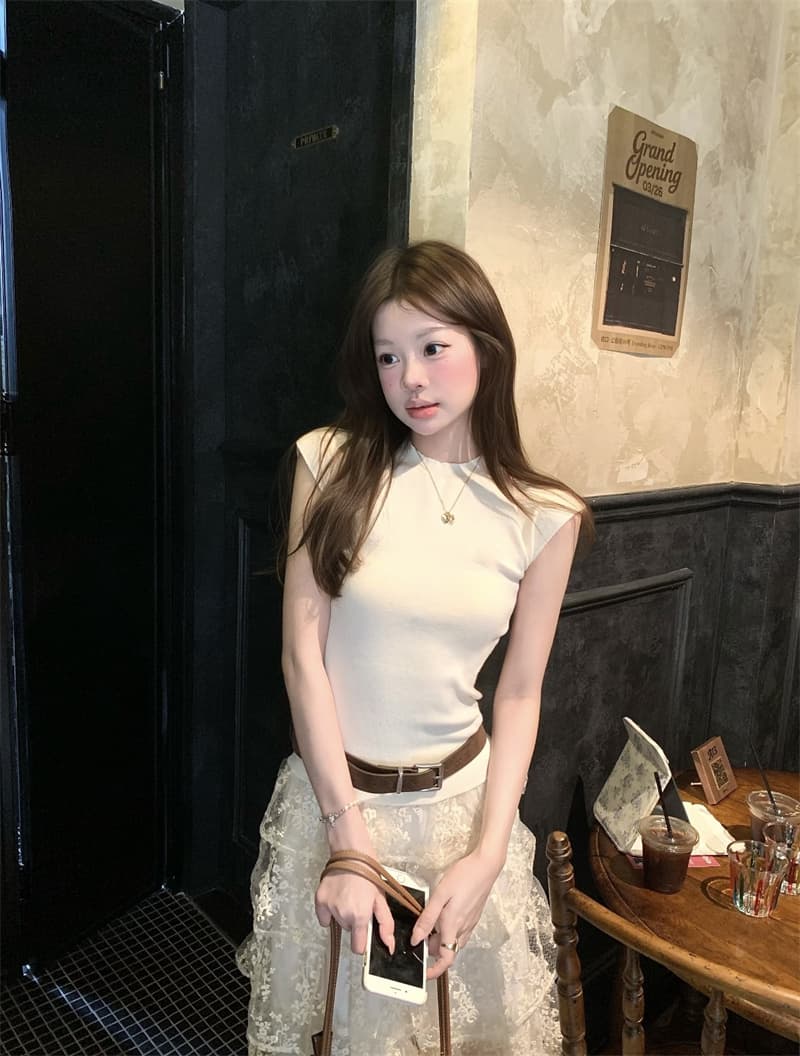 실사 정가 디자인 센스 다용도 화이트 티셔츠 반팔 맨위 하이웨이스트 무거운 작업 케이크 치마 세트 상세 이미지 4