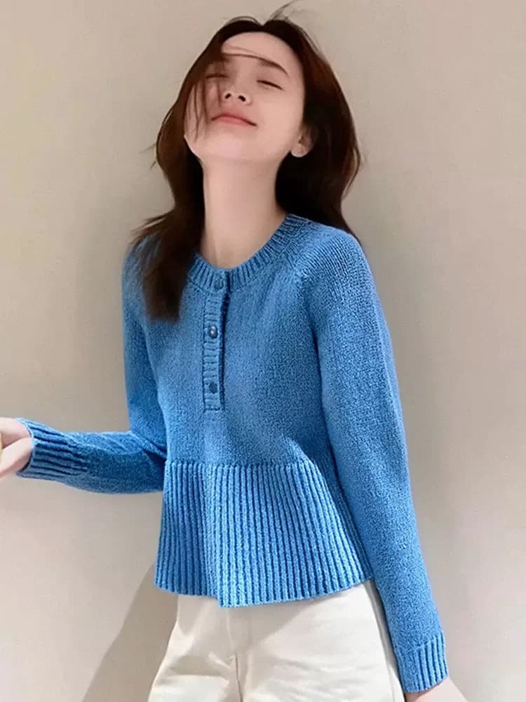 작은 키 한 부서 파란색 반 개방 칼라 스웨터 여자 가을 겨울 레이스 밑단 인사이드 가져 가라. 만나는 두꺼운 니트 스웨터 맨위 이미지 2