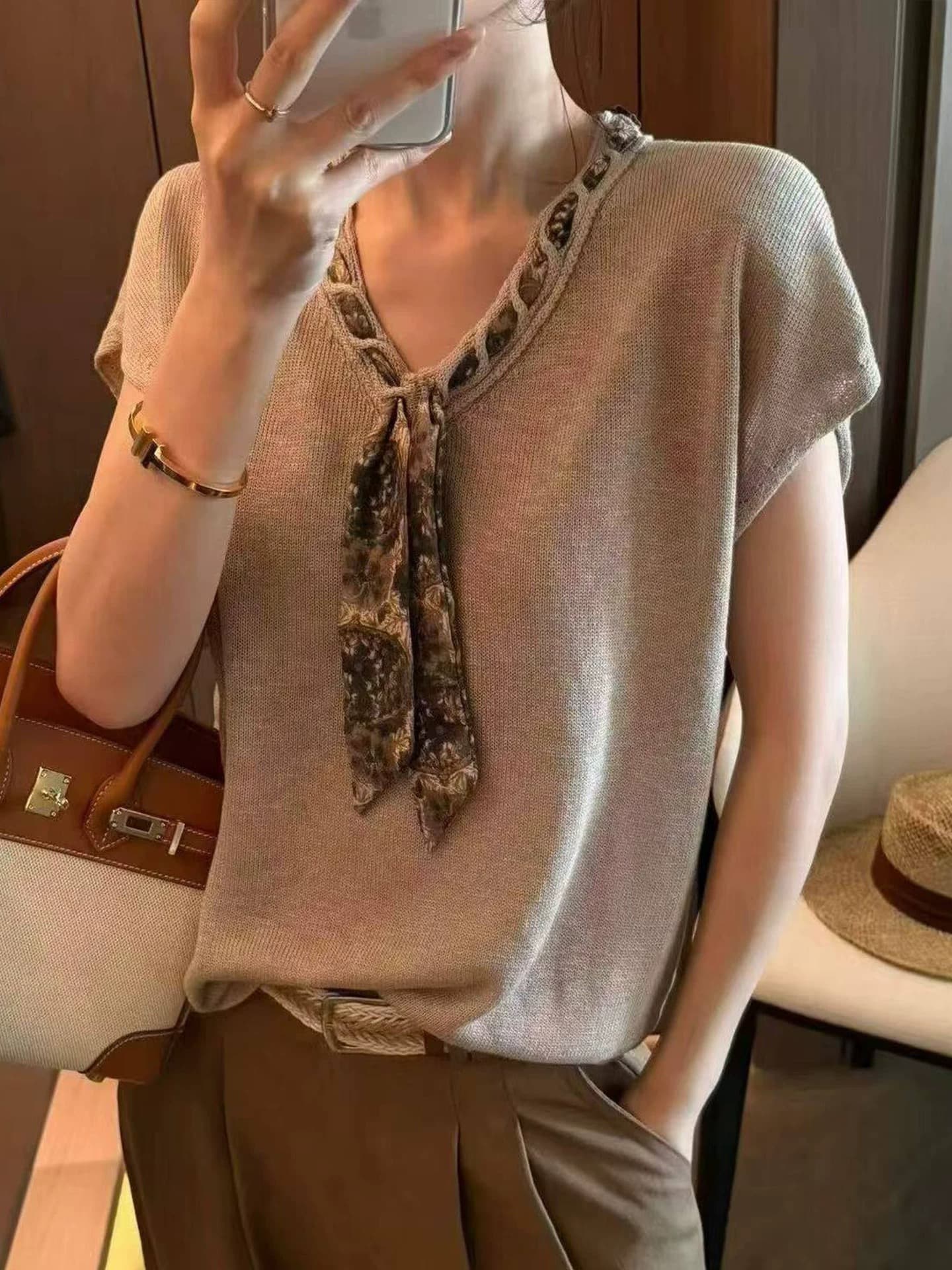 프랑스식 레트로 화이트 V넥 스카프 니트 반팔 티셔츠 여성 여름 고급 센스 chic Chic 얼음 실크 맨위 얇은 이미지 3