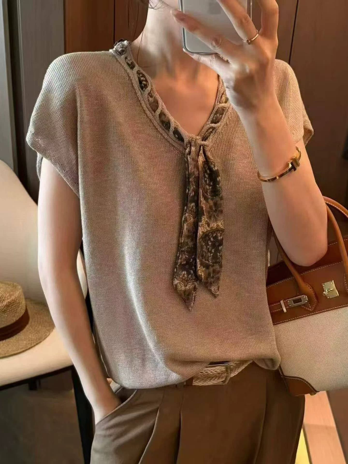 프랑스식 레트로 화이트 V넥 스카프 니트 반팔 티셔츠 여성 여름 고급 센스 chic Chic 얼음 실크 맨위 얇은 상세 이미지 1