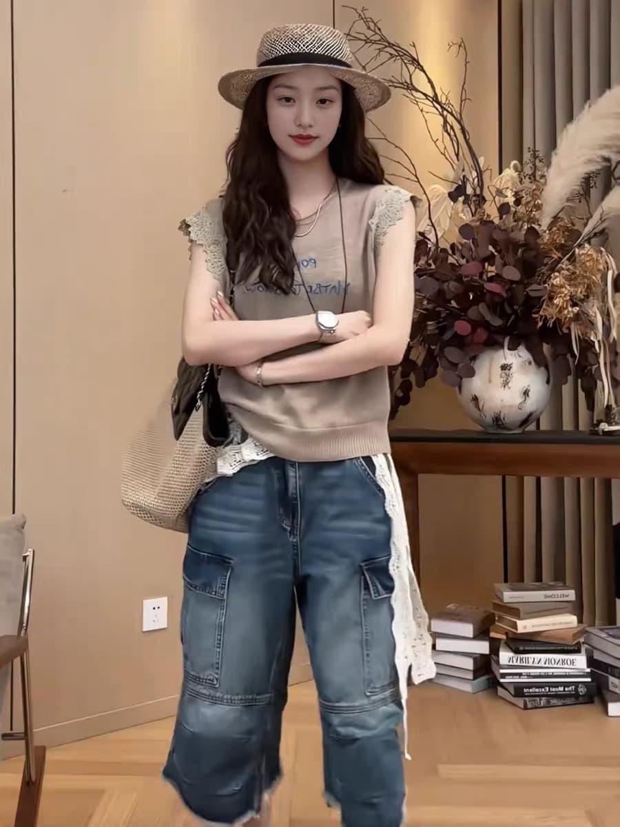 한 부서 캐주얼 바람 라운드 넥 Feifei 소매 니트 티셔츠 여성 여름 새로운 루즈핏 슬림해 보이는 연령 감소 시간 아직도 느낌 맨위 이미지 3