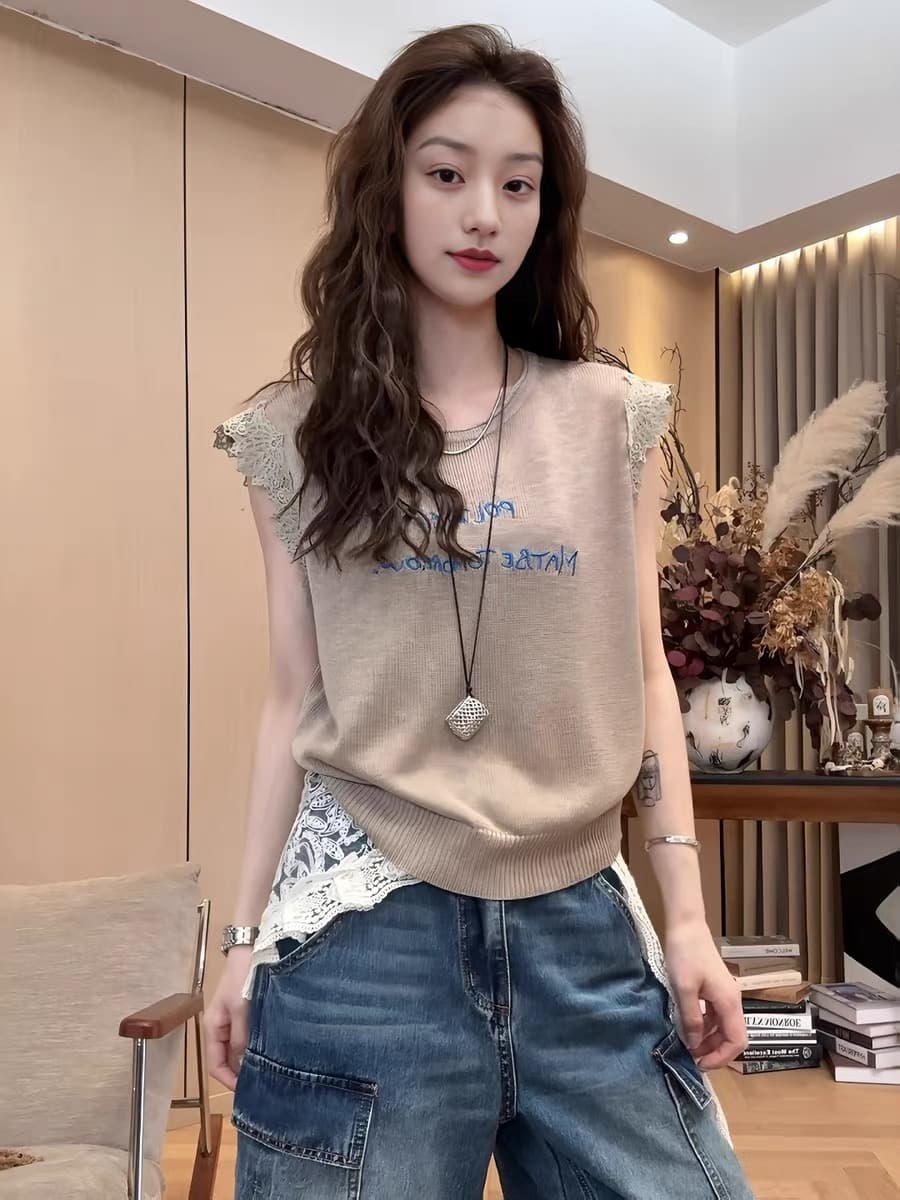 한 부서 캐주얼 바람 라운드 넥 Feifei 소매 니트 티셔츠 여성 여름 새로운 루즈핏 슬림해 보이는 연령 감소 시간 아직도 느낌 맨위 이미지 4
