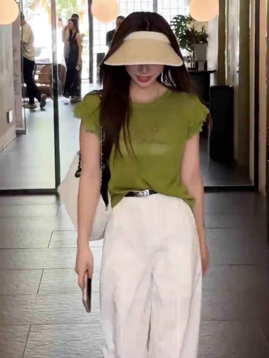 한 부서 레이스 Feifei 소매 알파벳 자수 니트 티셔츠 여성 여름 새로운 패션 루즈핏 슬림해 보이는 다용도 맨위 상세 이미지 2