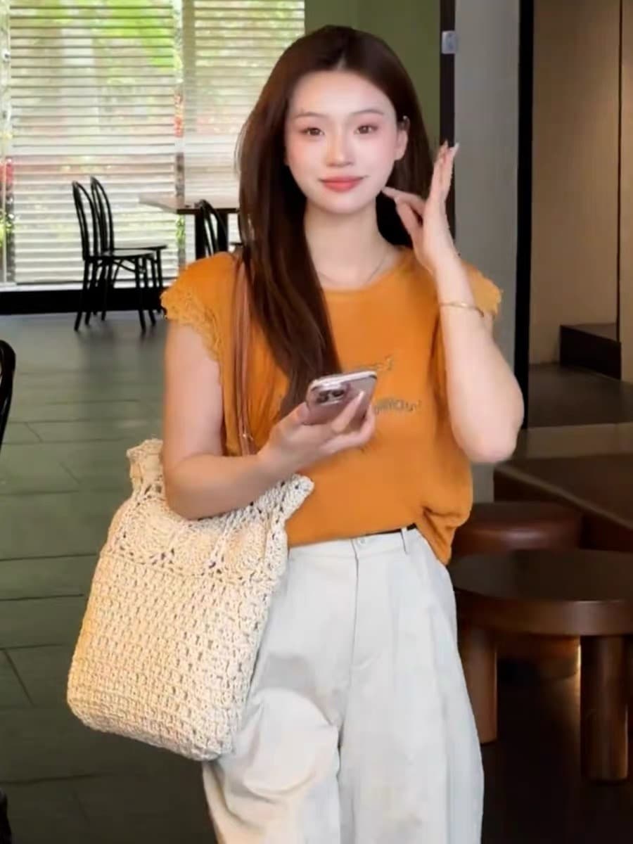 한 부서 레이스 Feifei 소매 알파벳 자수 니트 티셔츠 여성 여름 새로운 패션 루즈핏 슬림해 보이는 다용도 맨위 상세 이미지 4