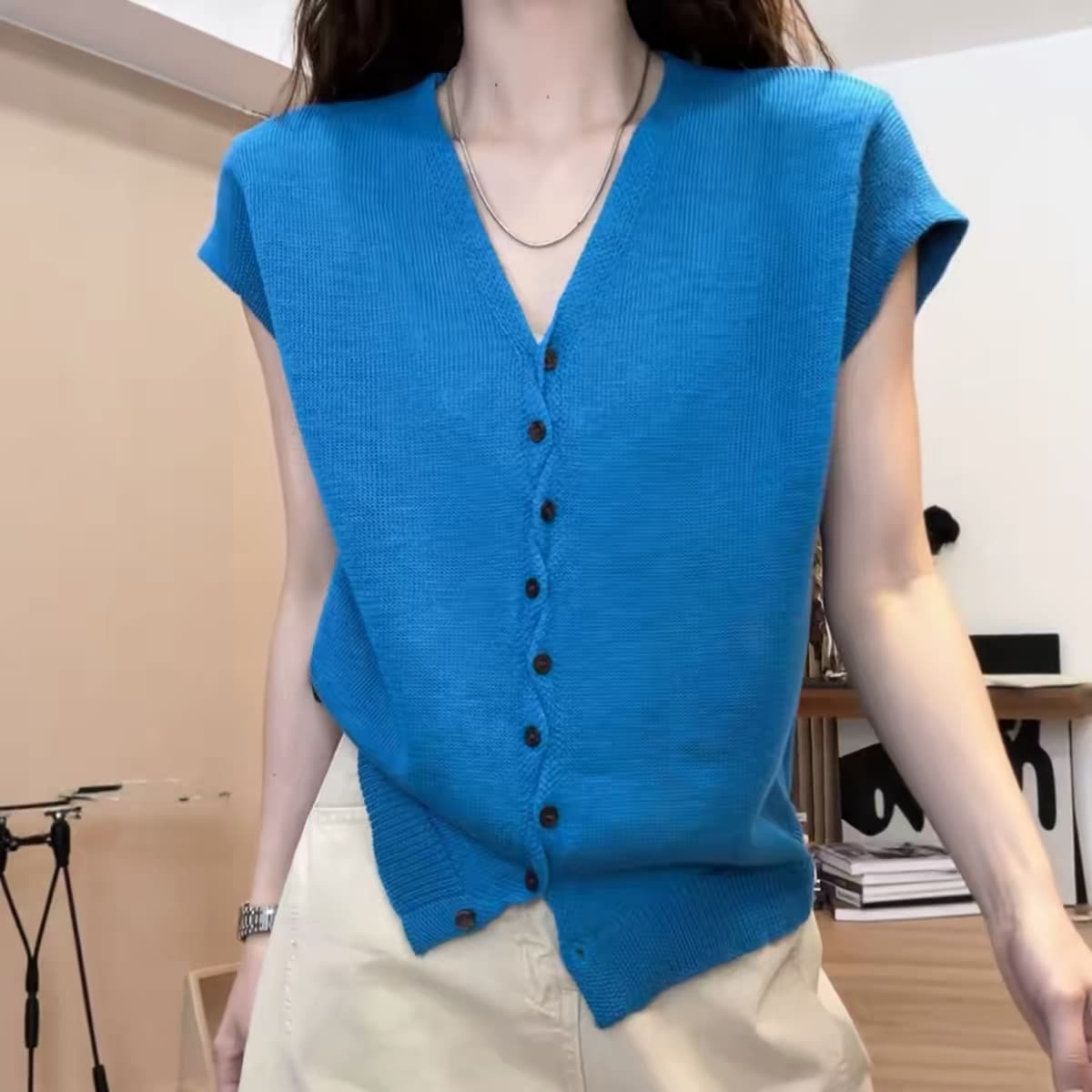 프랑스식 빛 요리 한 V넥 반팔 니트 오픈 가디건 여성 2026 여름 빅 사이즈 지방 mm 패션 미니멀리즘 작은 대중 캐주얼 맨위 이미지 5